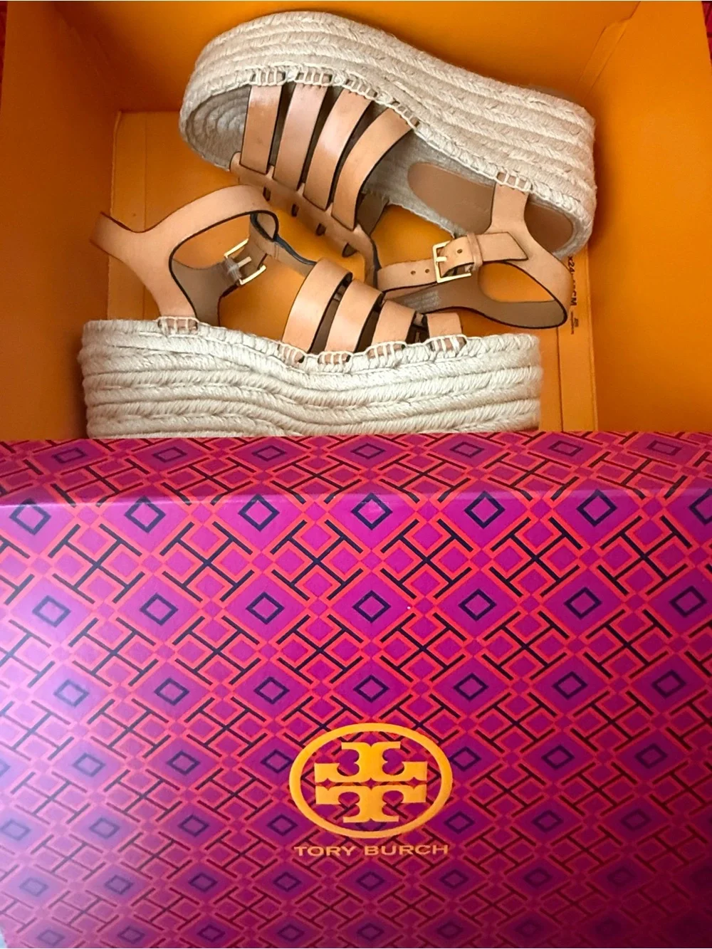 Tory Burch Cognac Leather Espadrille Sandals